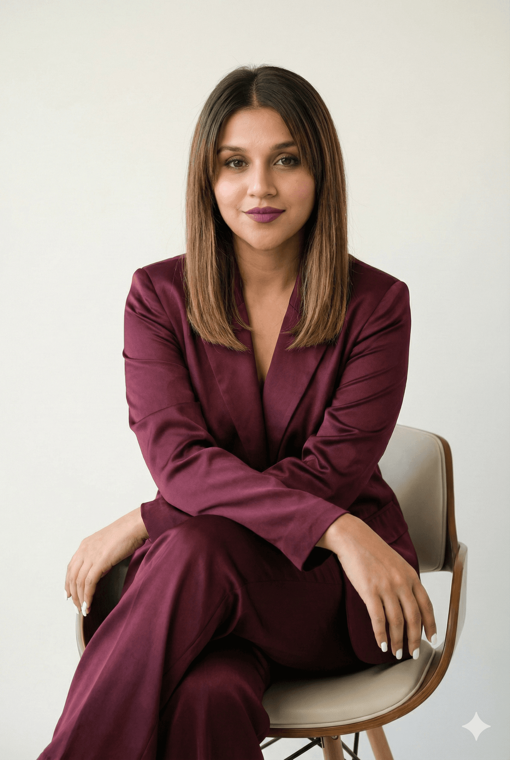 Disha in elegant wine blazer, corporate wellness expert